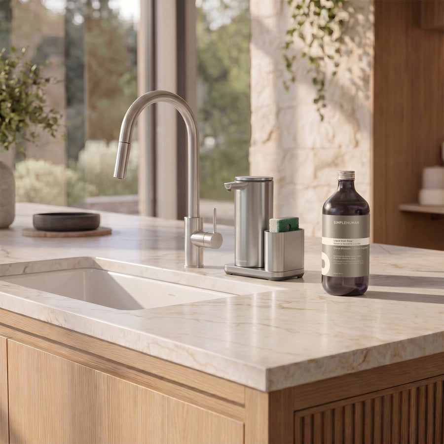 Simplehuman's Liquid Sensor Pump with Caddy with Liquid Dish Soap Refill Bottle. 