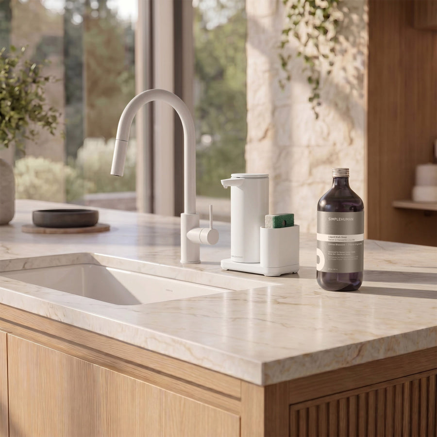 Simplehuman's Liquid Sensor Pump with Caddy with Liquid Dish Soap Refill Bottle. 