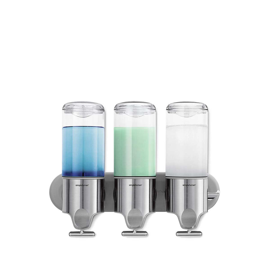 Simplehuman Triple Wall Mount Pump in Brushed Stainless Steel, space-saving, wall-mounted, drip-free operation.