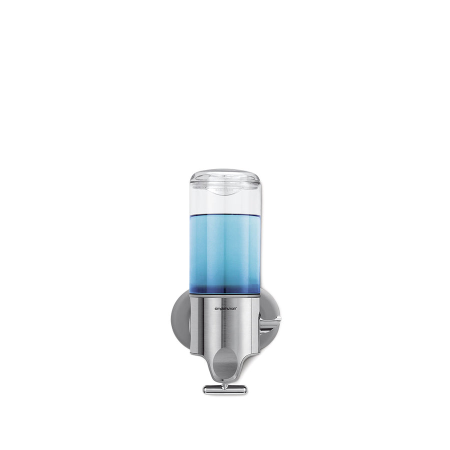 Simplehuman Single Wall Mount Pump in Brushed Stainless Steel with clear reservoir, space-saving dispenser, drip-free.