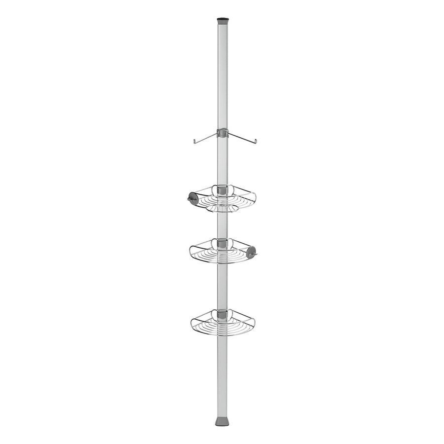Front view of Simplehuman 9 ft Tension Shower Caddy, White and Polished Stainless Steel, features adjustable wire shelves and hooks.