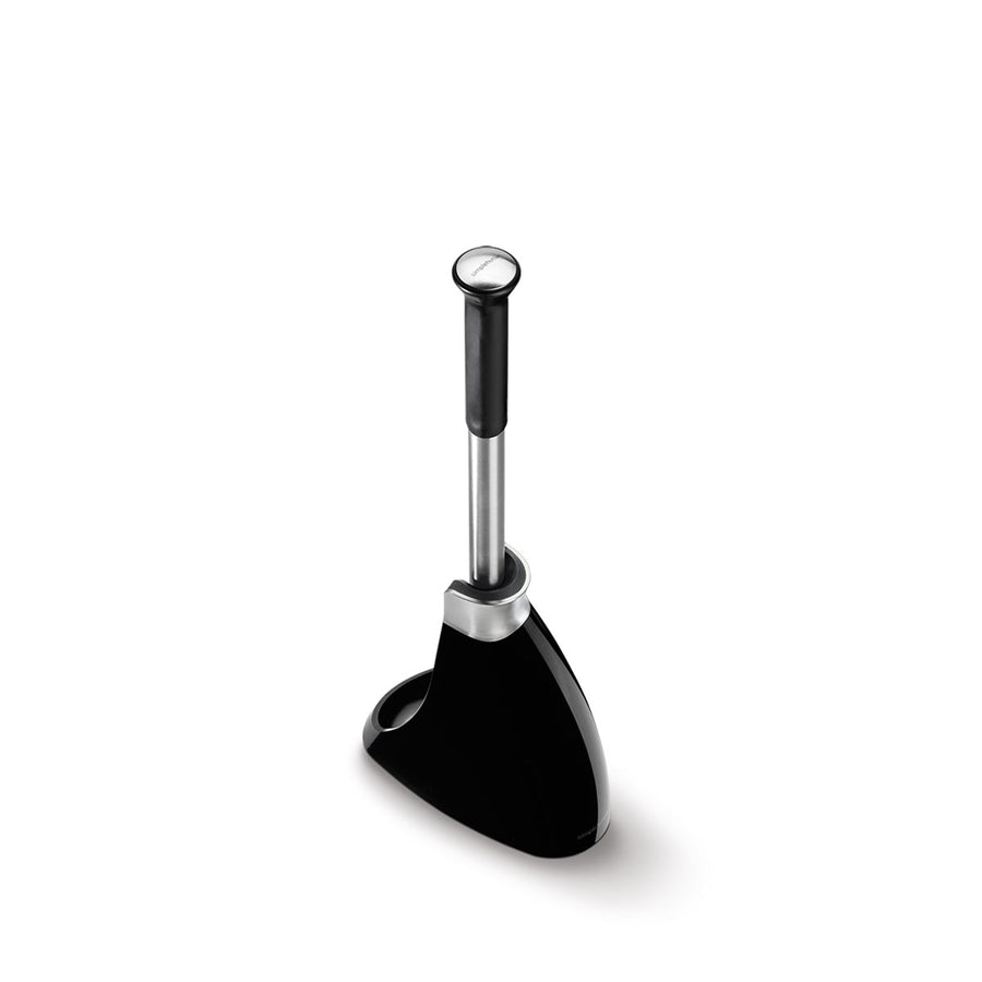 High angle view of Simplehuman Toilet Brush in Black/Polished Stainless Steel, featuring raised easy-grip handle.