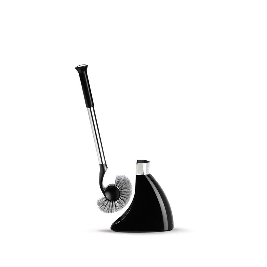 Simplehuman Toilet Brush lifted from Black canister, showing curved neck and polished steel handle.