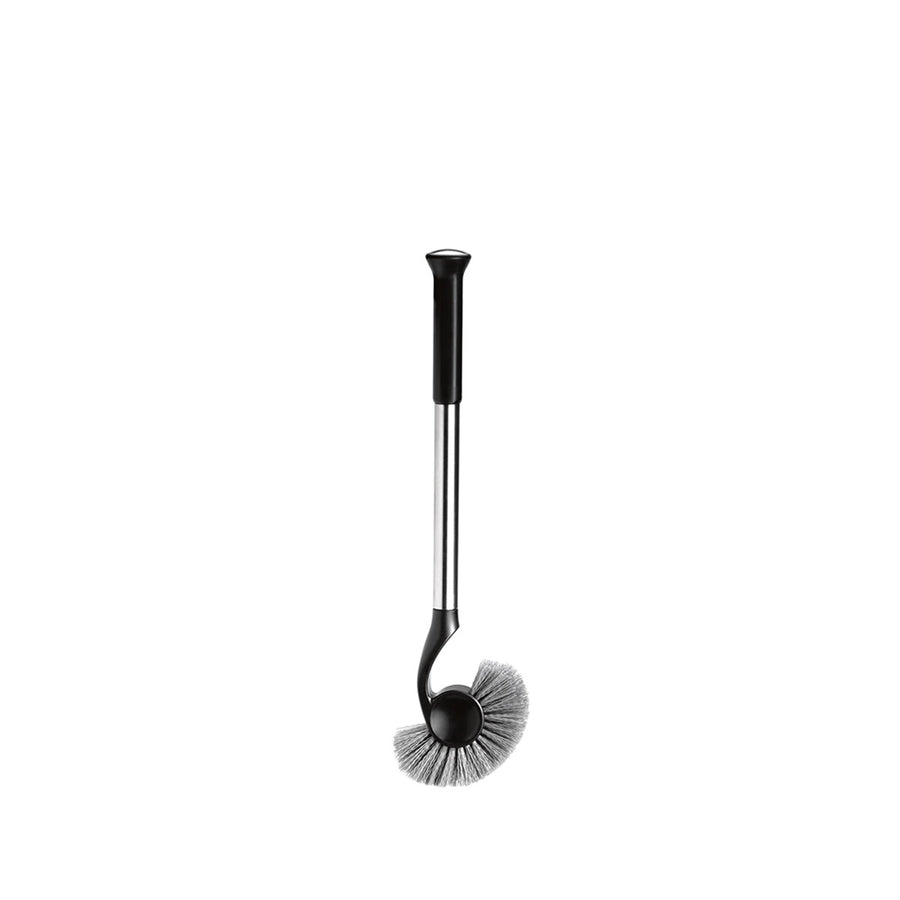 Simplehuman Toilet Brush (Black/Polished Steel) showing fan-shaped head and curved neck for deep rim cleaning.