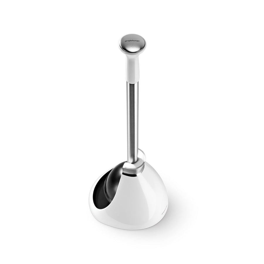 Angled view of Simplehuman White Toilet Plunger with Stainless Steel handle in self-closing caddy for hygienic storage.
