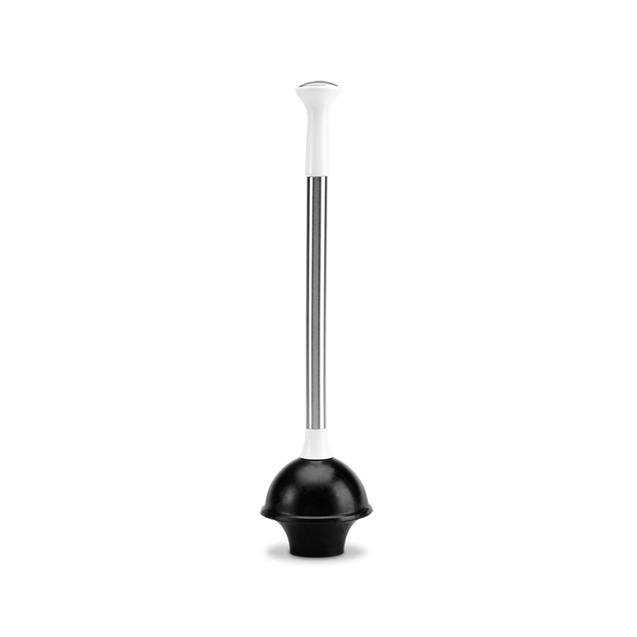 Front view of Simplehuman Toilet Plunger, Stainless Steel handle and ergonomic White grip with high-performance flange cup.