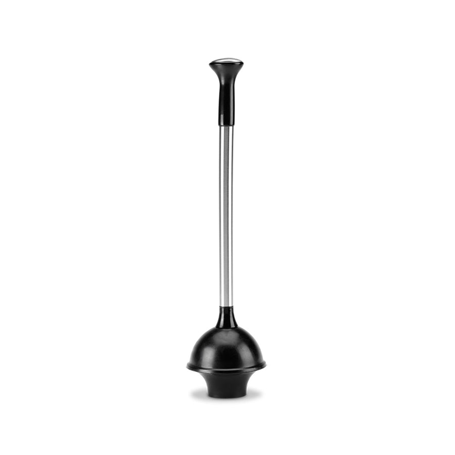 Straight-on view of Simplehuman Black Toilet Plunger, Stainless Steel handle and ergonomic high-performance cup.