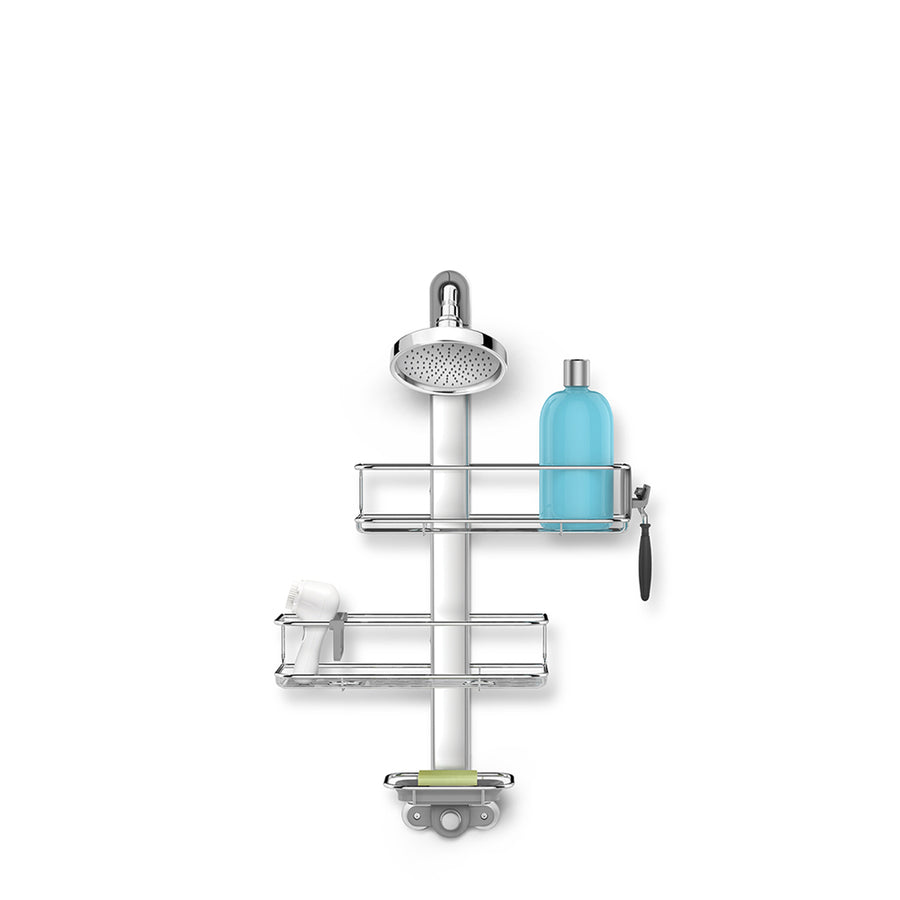 Simplehuman Polished Stainless Steel Adjustable Shower Caddy, movable shelves, suction cups for stability.
