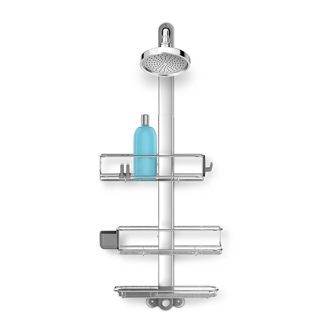 Front view of Simplehuman Large Adjustable Shower Caddy, Polished Stainless Steel, with adjustable shelves and secure suction cup base.