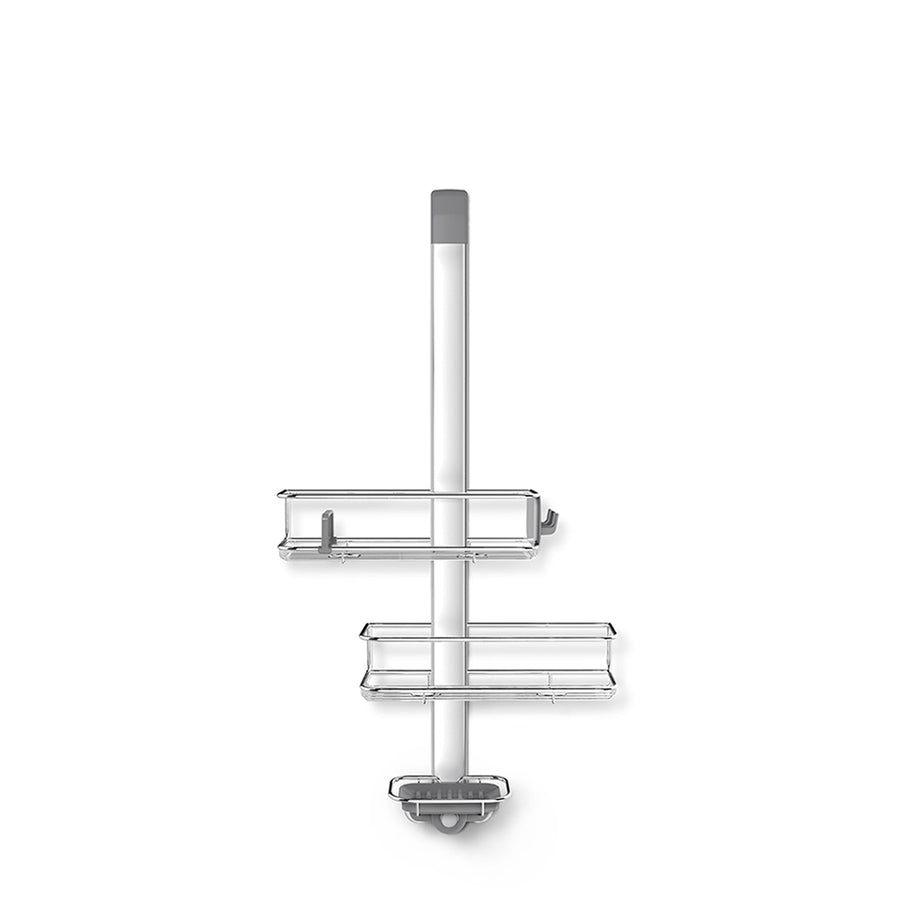 Front view of Simplehuman Polished Stainless Steel Over Door Adjustable Shower Caddy, rust-proof, adjustable storage.