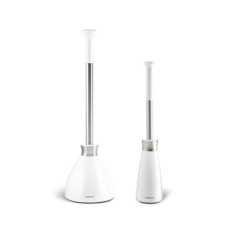 Simplehuman Toilet Brush and Plunger Bundle in White and Brushed Stainless Steel.
