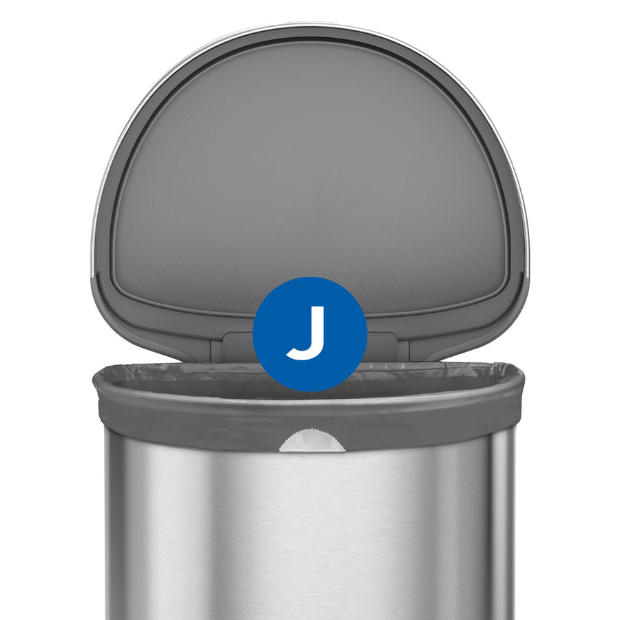 Simplehuman Detail view of Code J Odorsorb Liner perfectly fitted in a Brushed Stainless Steel can, with visible closure tab.