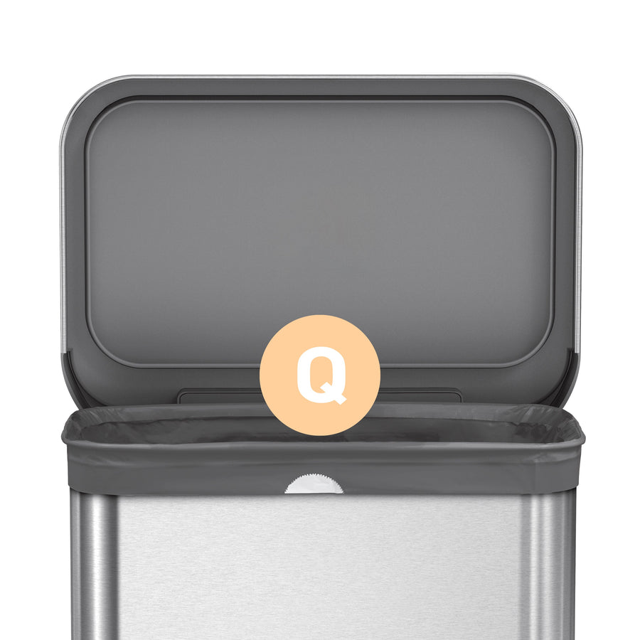 Simplehuman Code Q Custom Fit Odorsorb Liner fitted in Brushed Stainless Steel can, showing size identification graphic Q and neat fit.