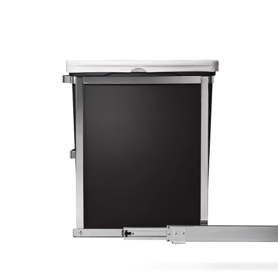 Side view of Simplehuman 30L Pull-Out Can in Polished Stainless Steel, showing extended heavy-duty slide rail system.