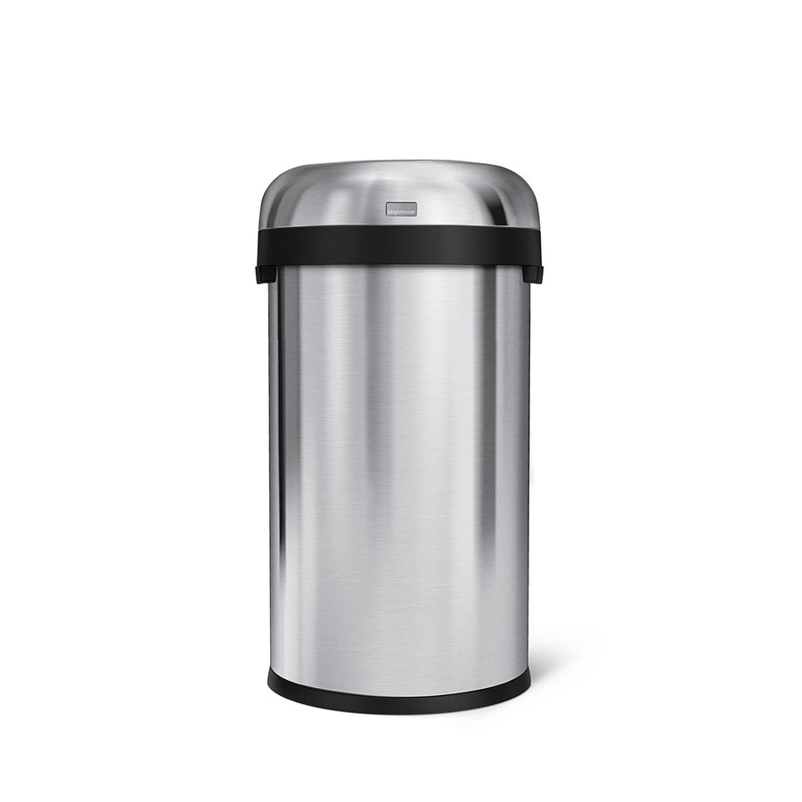 Front view of Simplehuman 60L Bullet Open Can, Brushed Stainless Steel, with open top for quick disposal.