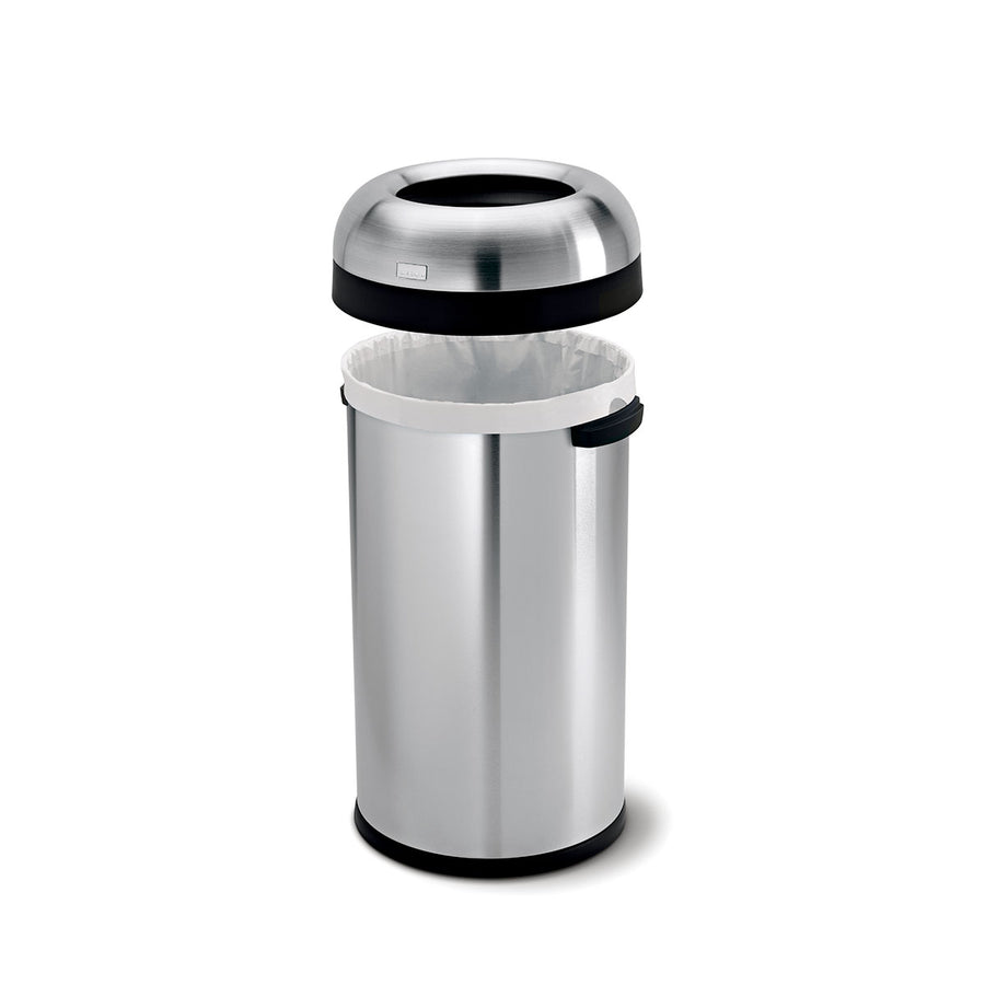 Detail view of Simplehuman 60L Bullet Open Can, Stainless Steel, showing the removable dome lid and liner fit.