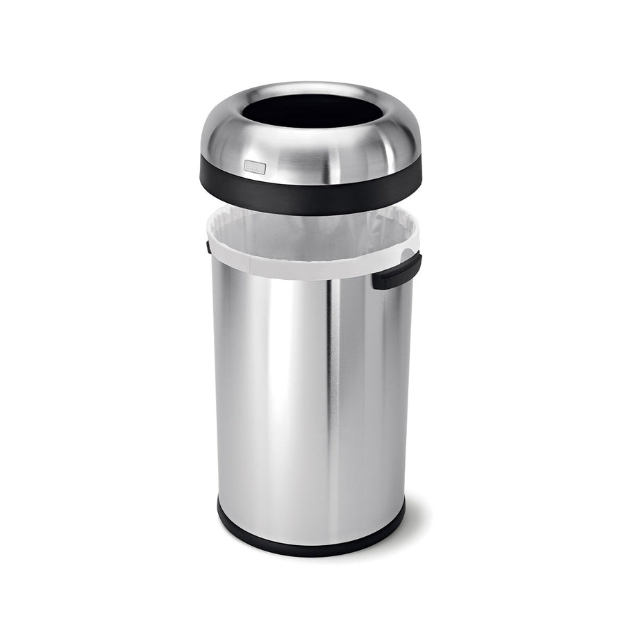 Simplehuman 80L Bullet Open Can in Brushed Stainless Steel with lid lifted, showing easy bag changing system.