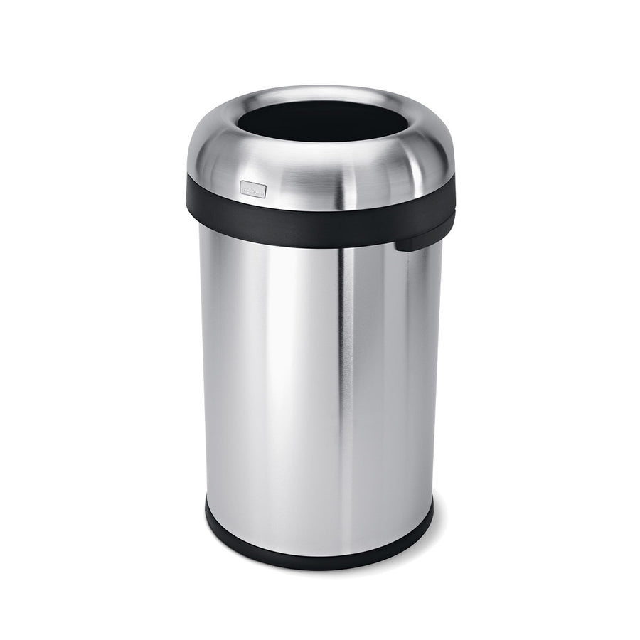 Simplehuman 80L Bullet Open Can in Brushed Stainless Steel, hands-free trash can for high traffic.