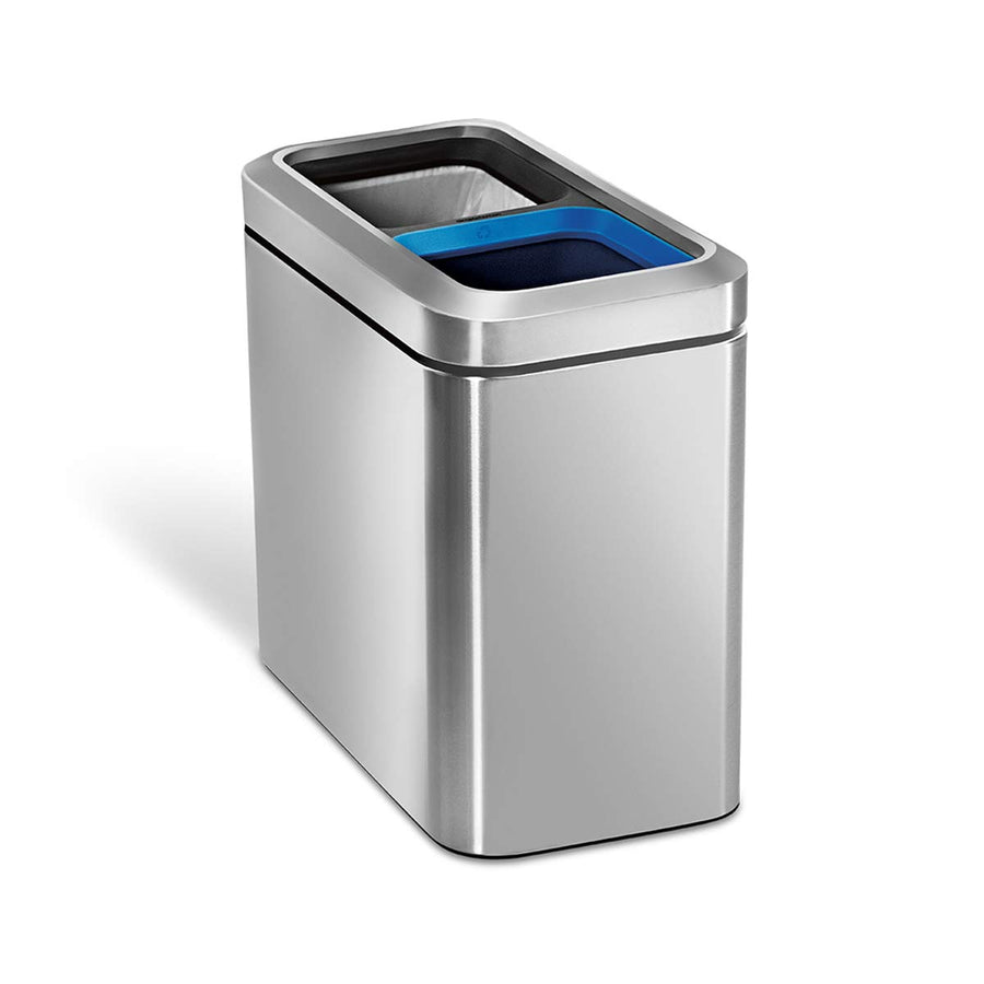 Simplehuman Brushed Stainless Steel 20L Dual Compartment Slim Open Can for trash and recycling, hands-free.