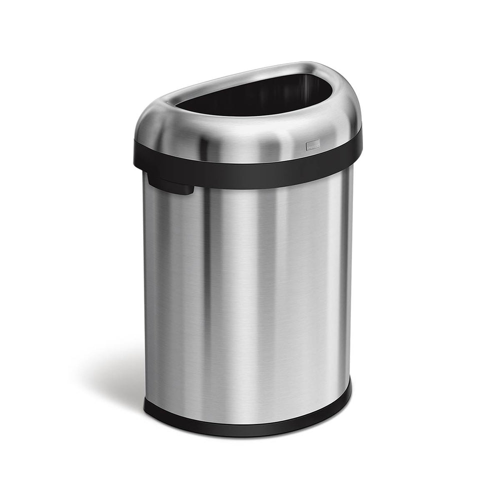 Simplehuman 80L Semi-Round Open Can in Brushed Stainless Steel, high-capacity trash can with easy-access top.