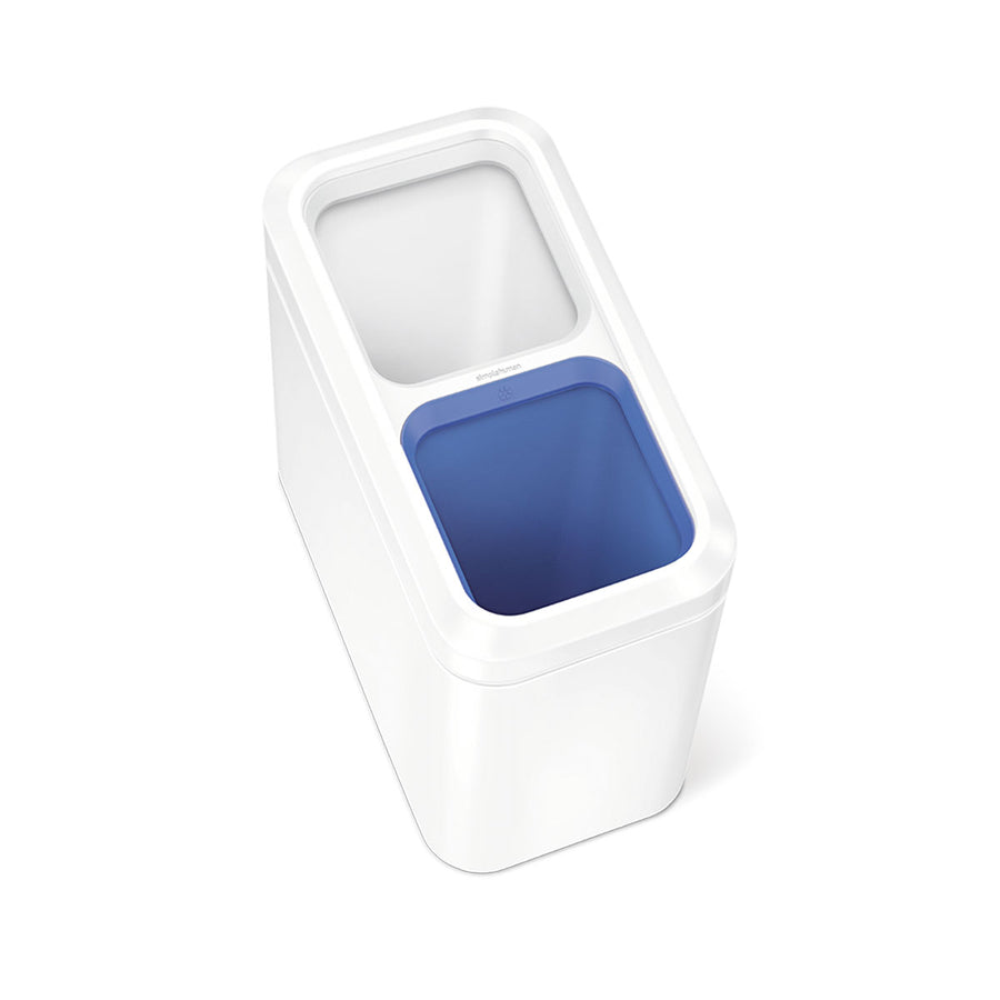 Top angled view of Simplehuman White 20L Dual Slim Open Can with visible blue recycling liner.