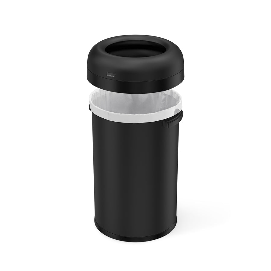 Detail view of Simplehuman 80L Bullet Open Can, Matte Black, lid lifted to show easy bag change.