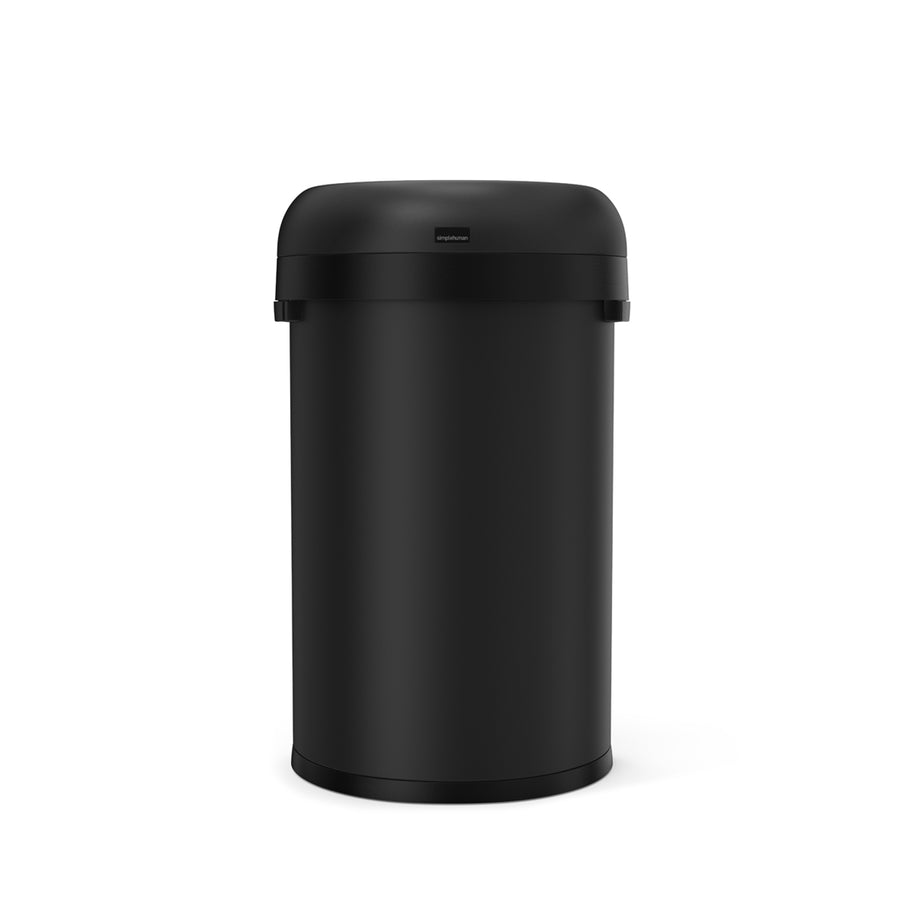 Front view of Simplehuman 60L Semi-Round Open Can in Matte Black, open top for easy access.