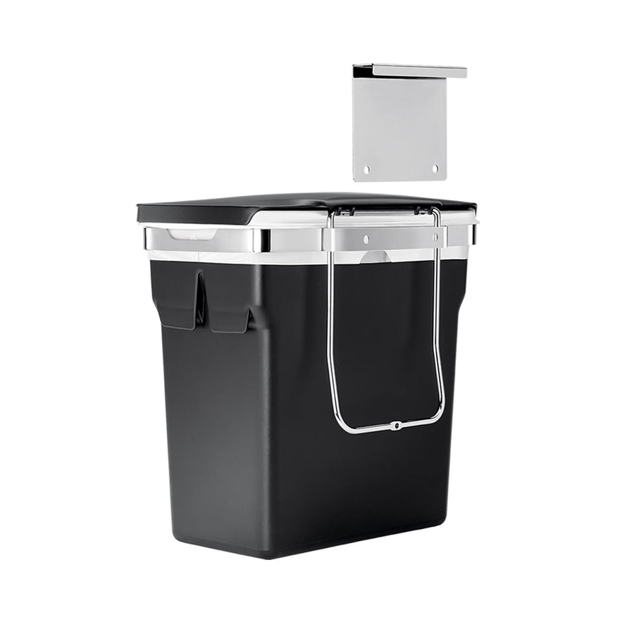 Front view Simplehuman 10L In-Cabinet Can in Matte Black, space-saving design with polished stainless steel mounting hardware.