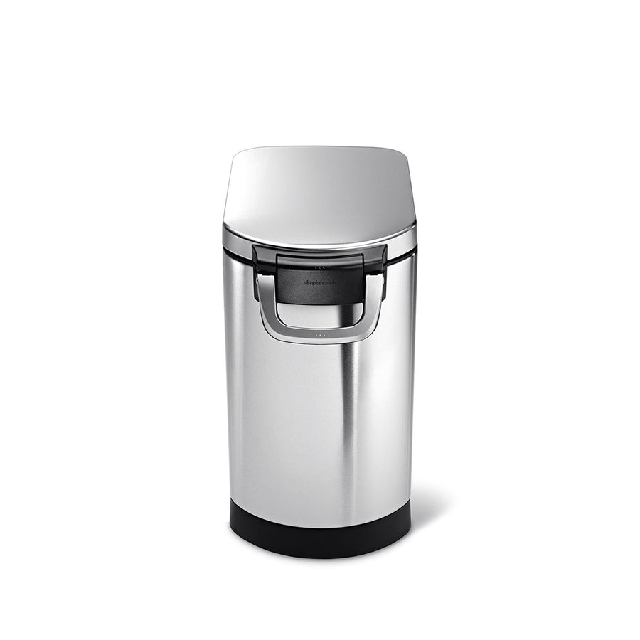 Simplehuman Medium Pet Food Can, Brushed Stainless Steel, Studio shot showing locking handle and airtight seal.