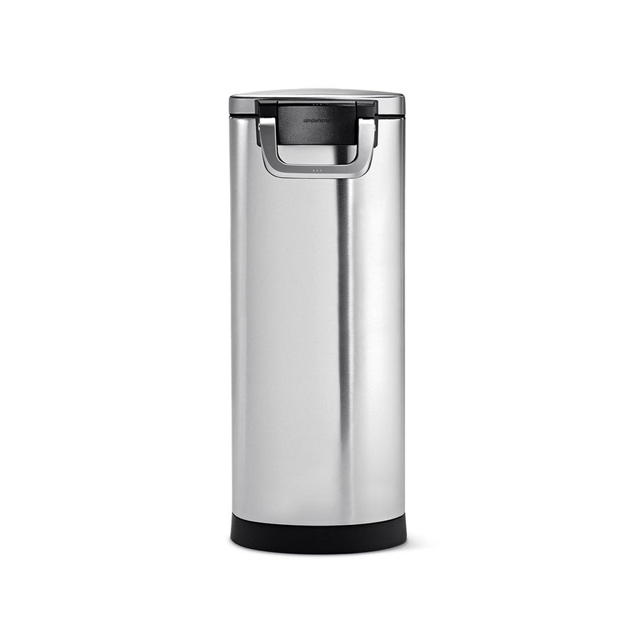 Front view, Simplehuman X-Large Pet Food Can, Brushed Stainless Steel, airtight locking handle.