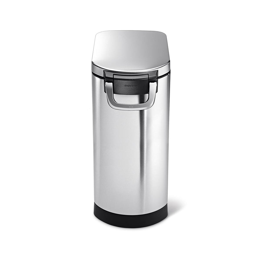 Isolated view of Simplehuman X-Large Pet Food Can, Brushed Stainless Steel, with secure locking handle for airtight storage.