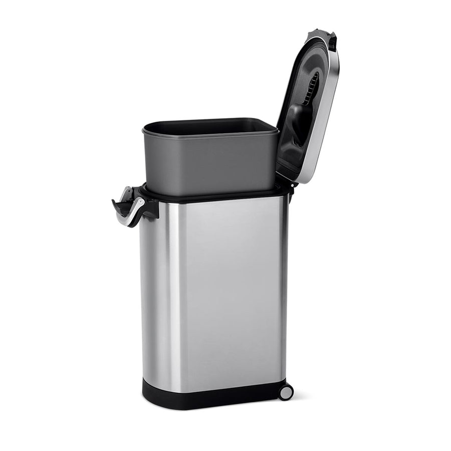 Open view, Simplehuman X-Large Pet Food Can, Brushed Stainless Steel, showing removable liner bucket and airtight locking handle.