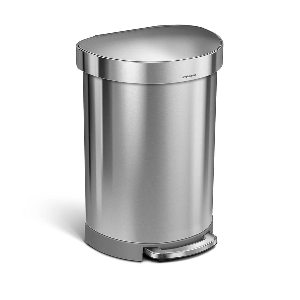 Simplehuman 60L Semi-Round Step Can, Brushed Stainless Steel, with Liner Rim and hands-free foot pedal.