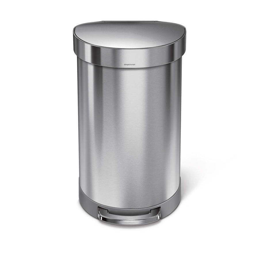 Angled view of Simplehuman 45L Semi-Round Step Can in Brushed Stainless Steel, hands-free foot pedal, liner rim.
