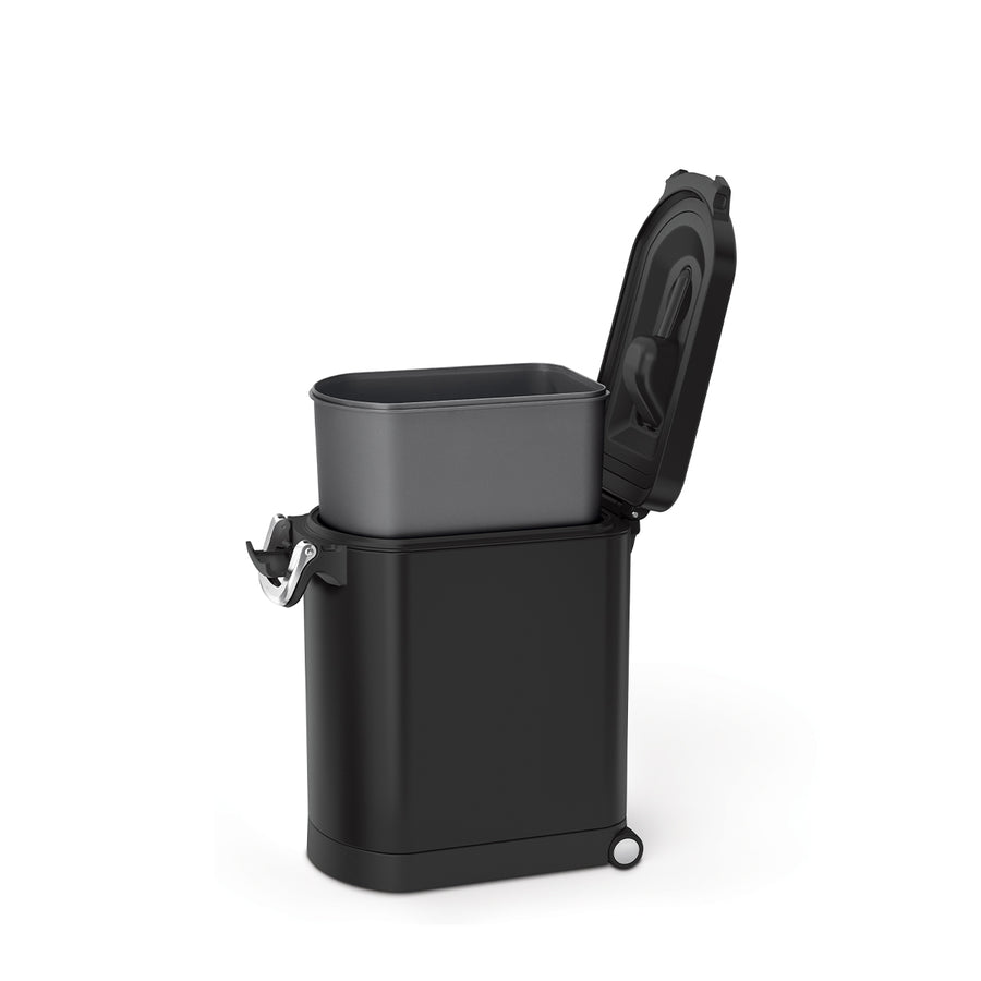 Side view of Simplehuman Medium Pet Food Can, Matte Black, open showing removable liner and scoop holder.