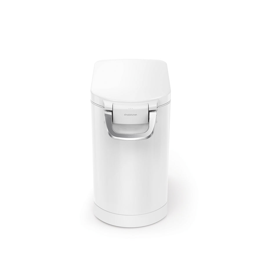 Centered view of Simplehuman Medium Pet Food Can, White, with polished handle and airtight mechanism.