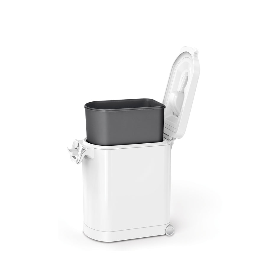 Angled view of Simplehuman Medium Pet Food Can, White, open showing removable liner and scoop holder.