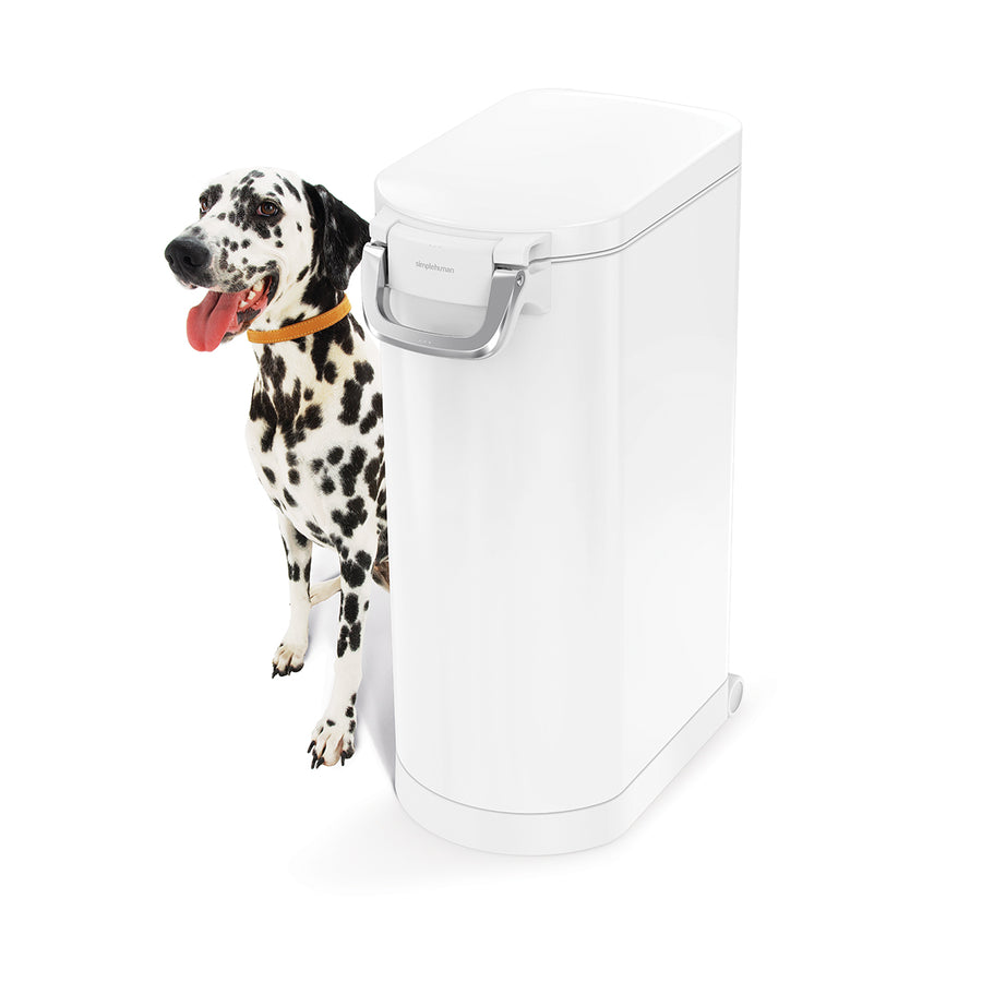Simplehuman X-Large Pet Food Can, White, shown next to a Dalmatian for scale. Airtight locking handle.