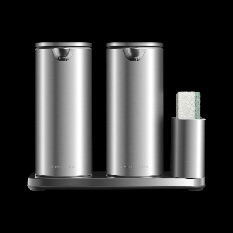 Simplehuman's Sensor Pump Duo on a black background. 