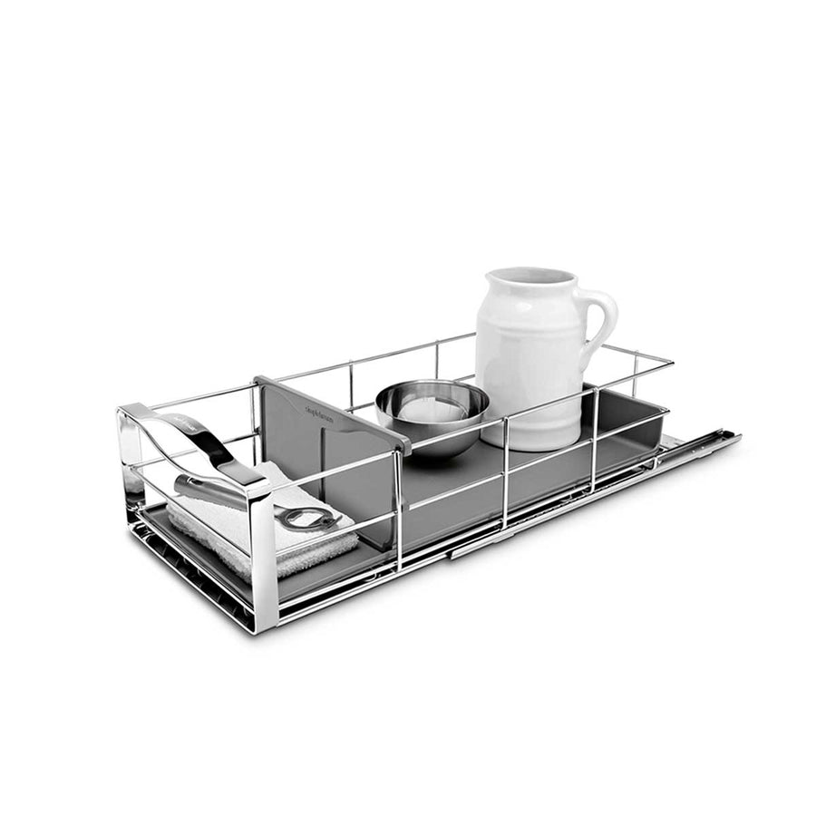 Angled view of Simplehuman 9 Inch Pull-Out Cabinet Organizer, Polished Steel, 3 removable bins, ideal for accessible storage.