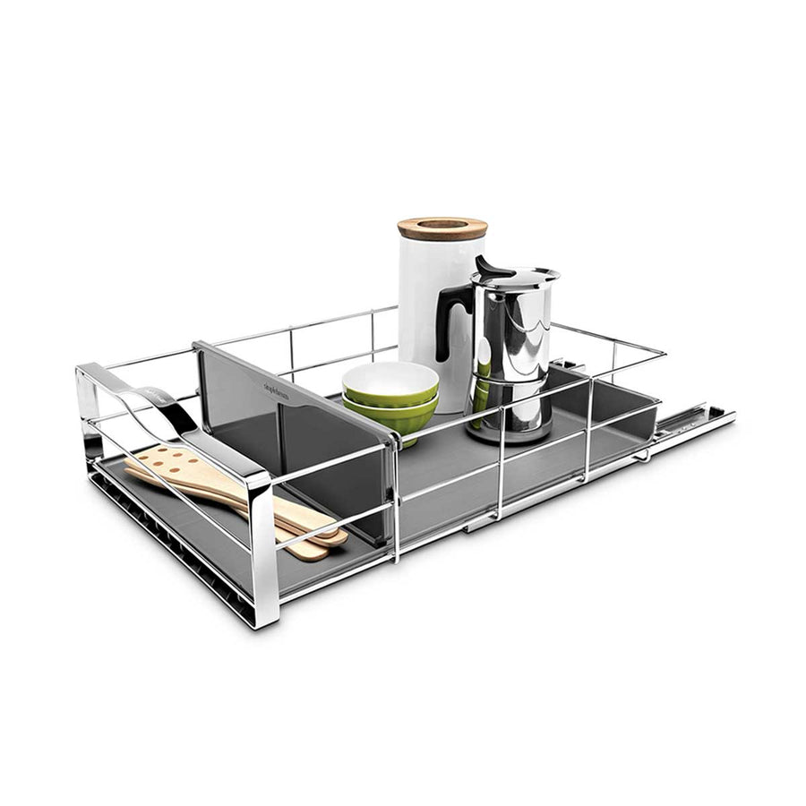 Simplehuman 14 Inch Pull-Out Cabinet Organizer, Polished Stainless Steel, showing pull-out rails and gray removable bins.