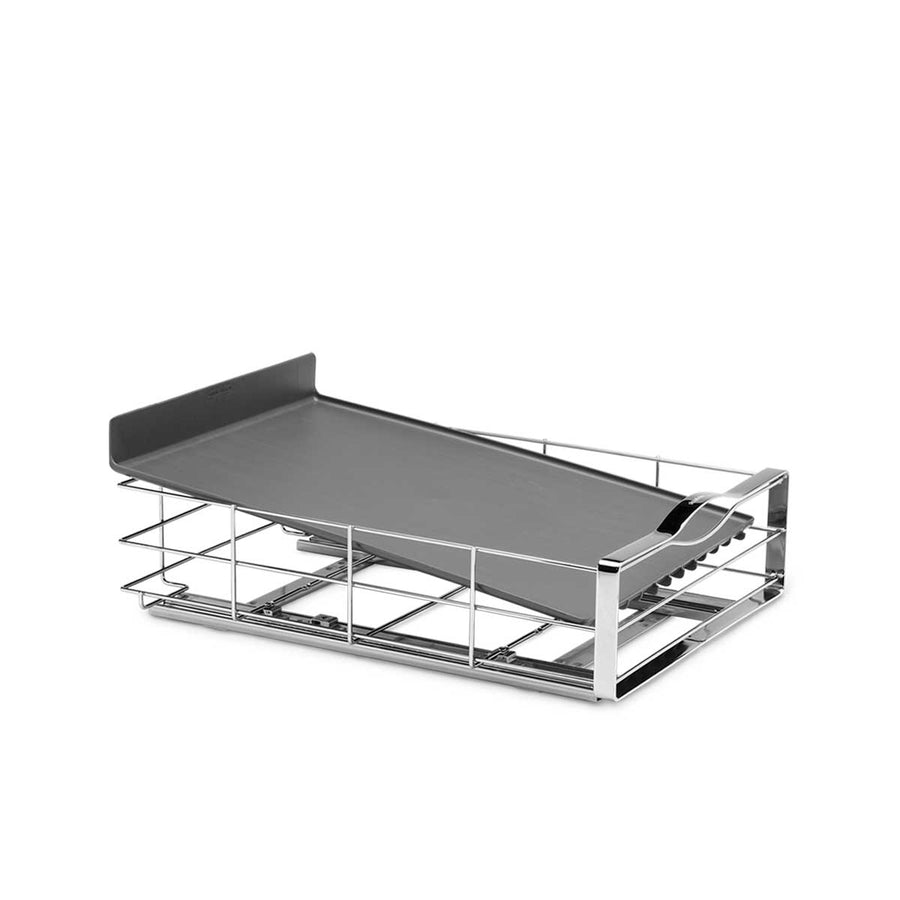 Simplehuman Front view of 14 Inch Pull-Out Cabinet Organizer in Polished Stainless Steel with gray removable tray.
