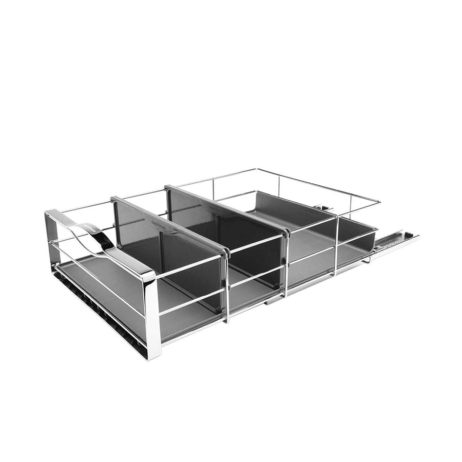 Simplehuman Angled view of 14 Inch Pull-Out Cabinet Organizer in Polished Stainless Steel with 3 removable bins.