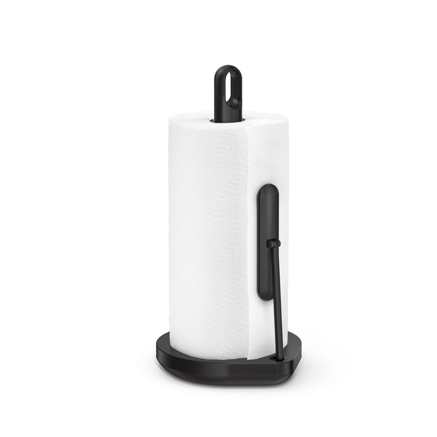 Simplehuman Matte Black Tension Arm Paper Towel Holder, adjustable tension arm ensures one-handed tear.