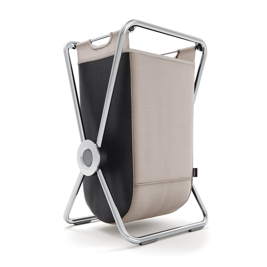 Simplehuman Single X-Frame Hamper, Polished Stainless Steel, with removable beige and black sorting liner.
