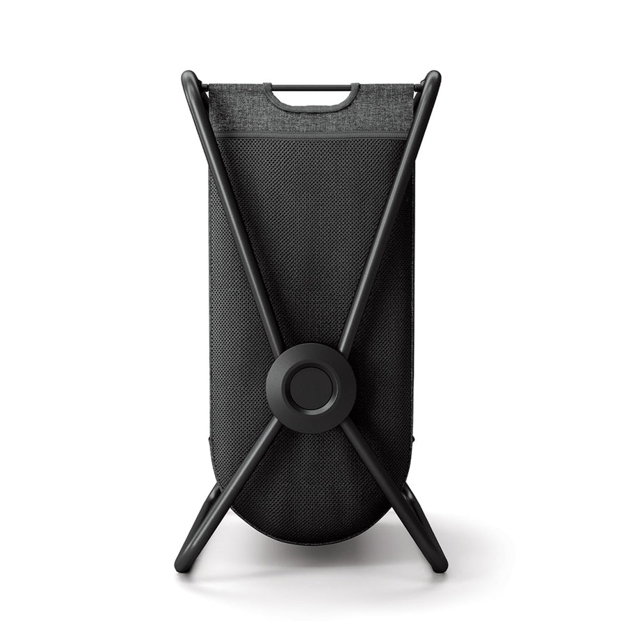 Straight-on view of Simplehuman Single X-Frame Hamper, Matte Black, narrow profile, removable dark gray breathable mesh liner.