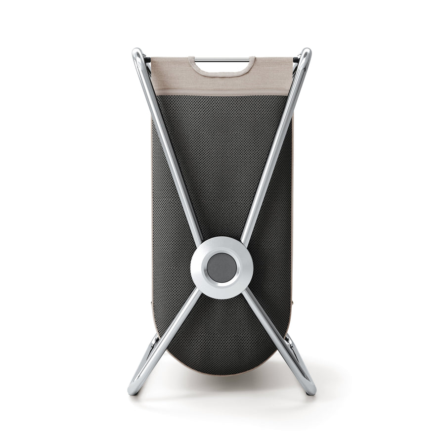 Back view of Simplehuman Single X-Frame Hamper, Polished Stainless Steel, removable liner with carry handle.