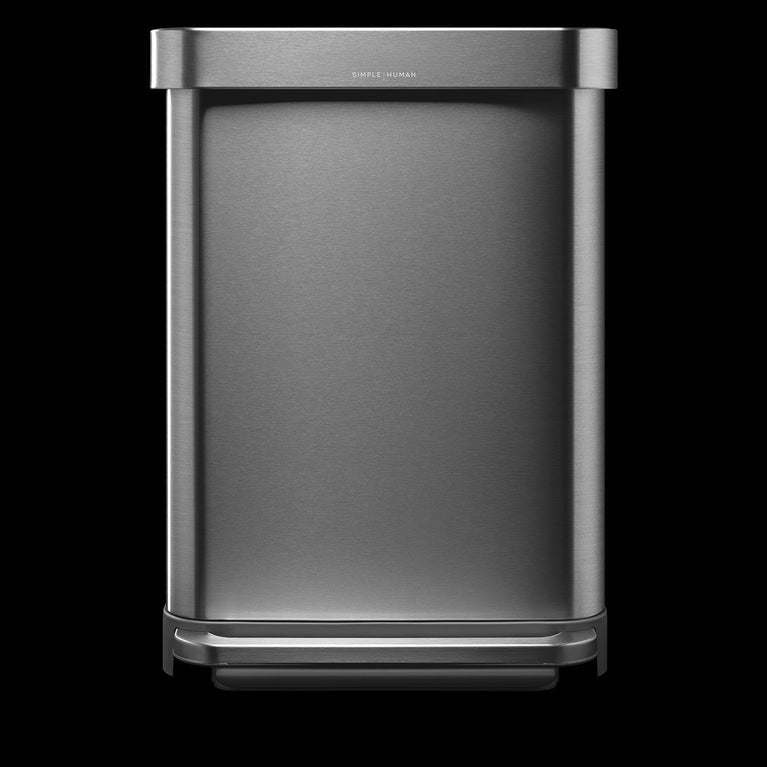 Simplehuman's Rectangular Step Can on a black background. 