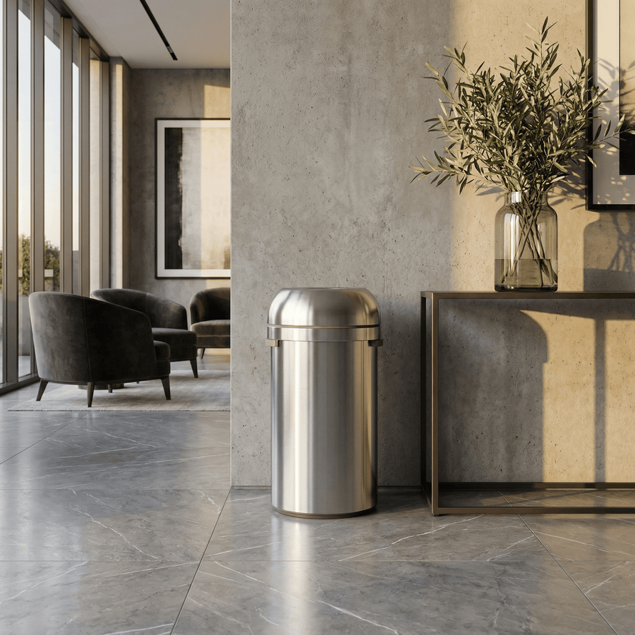 Simplehuman's 60L All-Steel Bullet Open Can in Brushed in a modern living room or lobby setting with floor to ceiling windows, mood lighting, plants, and a few paintings in the background.