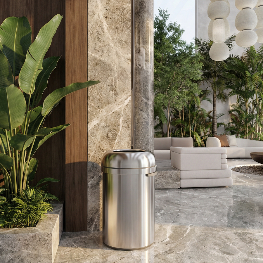 Simplehuman's Brushed All-Steel Bullet Open can in the 80L size placed in a modern patio area with marble floors, and a mix or marble and wooden walls with greenery in the background.